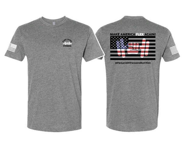 Front and back of Gray Flex Level Fitness Tee Shirt